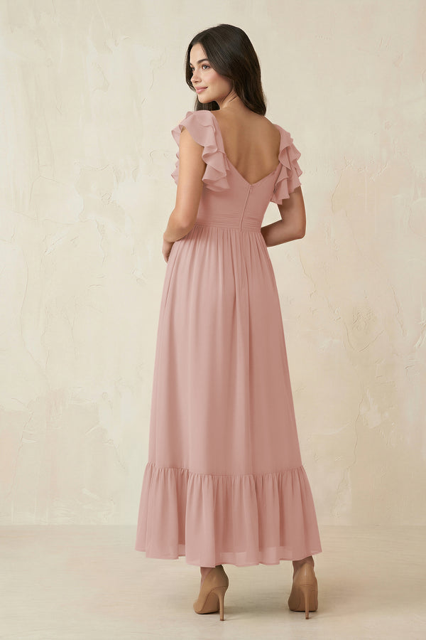 English Rose Flutter Sleeve Sweetheart A-Line Chiffon Bridesmaid Dress (2) | KISSBRIDAL