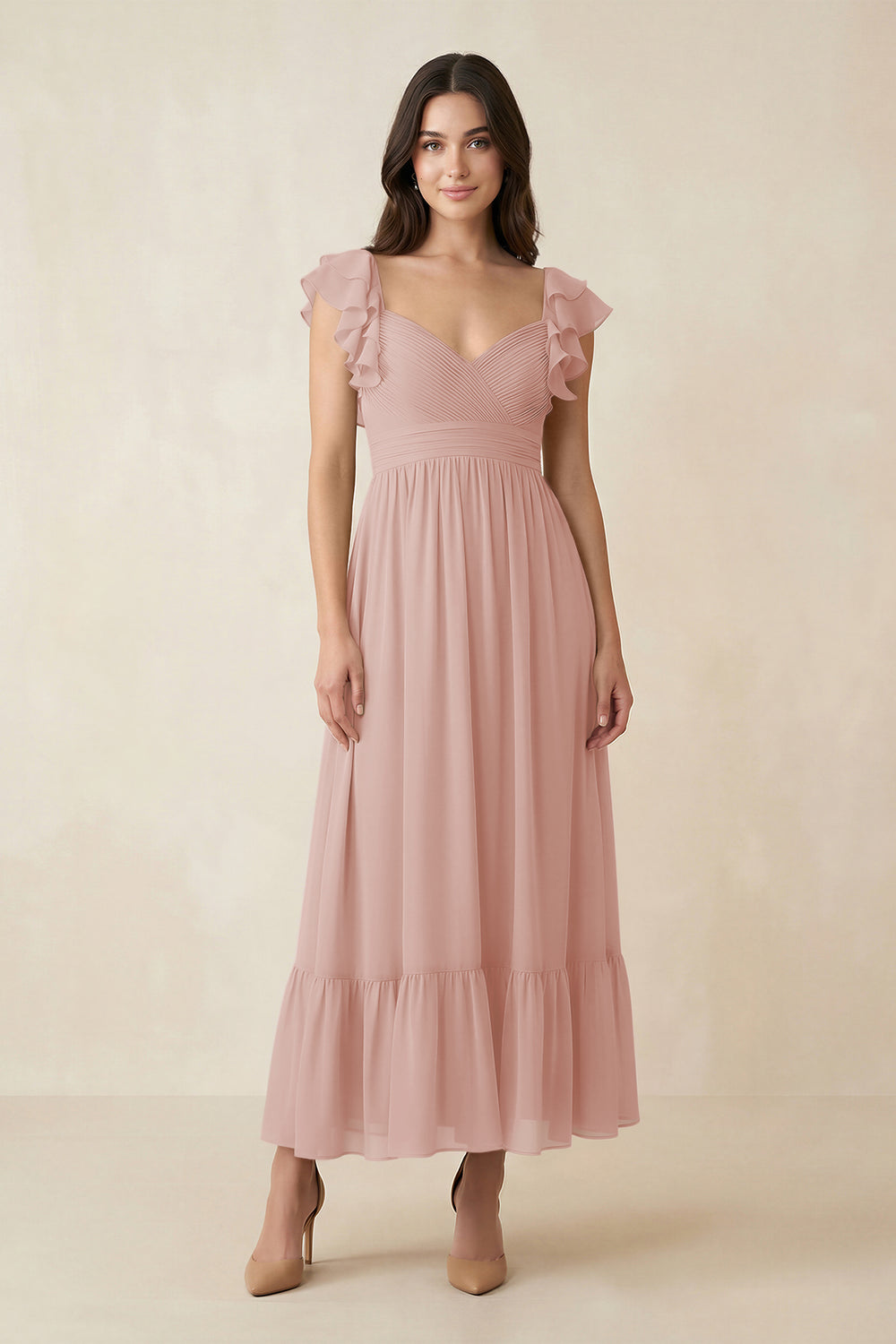 Flutter Sleeve Sweetheart A-Line Chiffon Bridesmaid Dress in English Rose