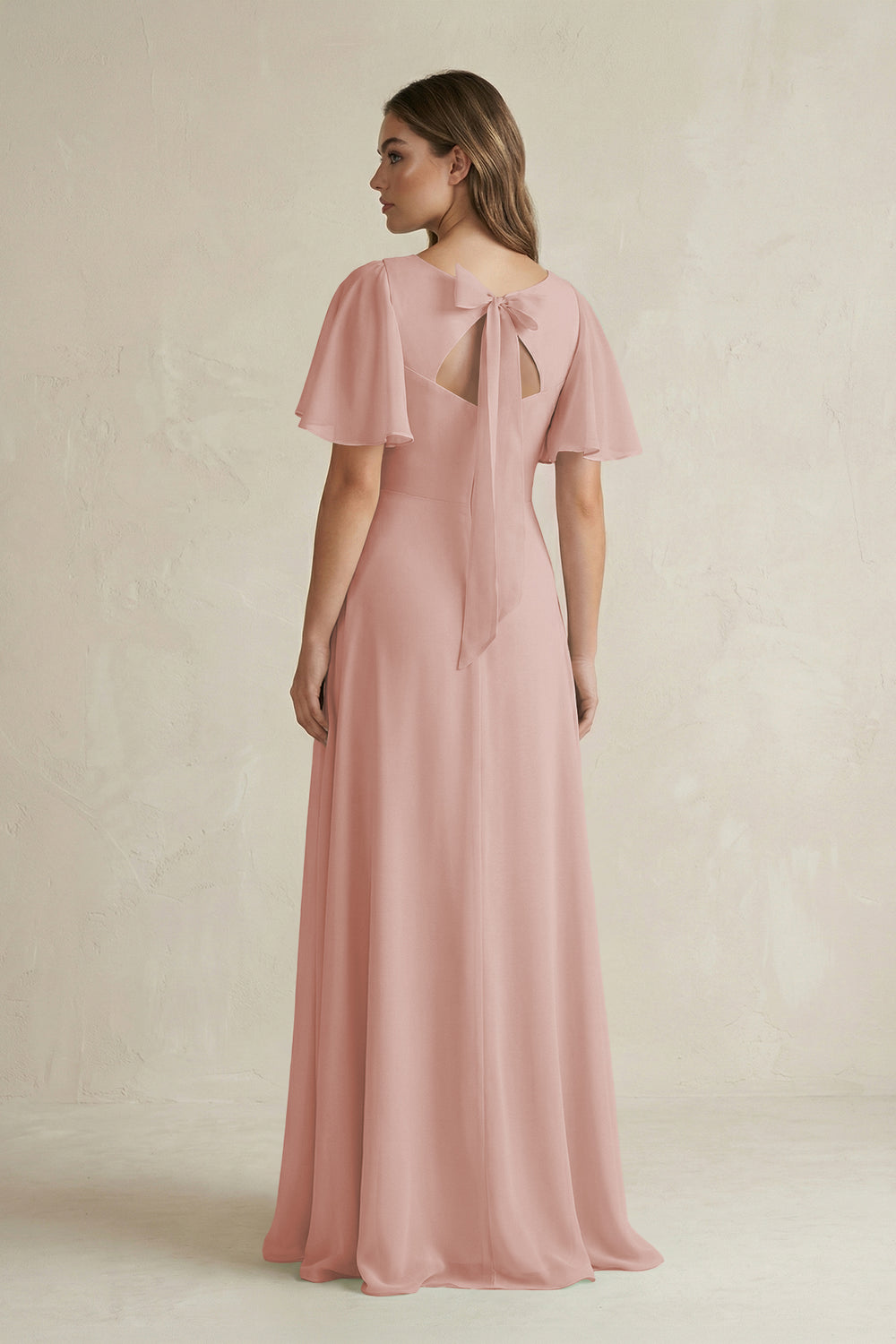 Flutter Sleeve V-Neck A-Line Chiffon Bridesmaid Dress in English Rose