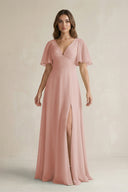 English Rose Flutter Sleeve V-Neck A-Line Chiffon Bridesmaid Dress | KISSBRIDAL