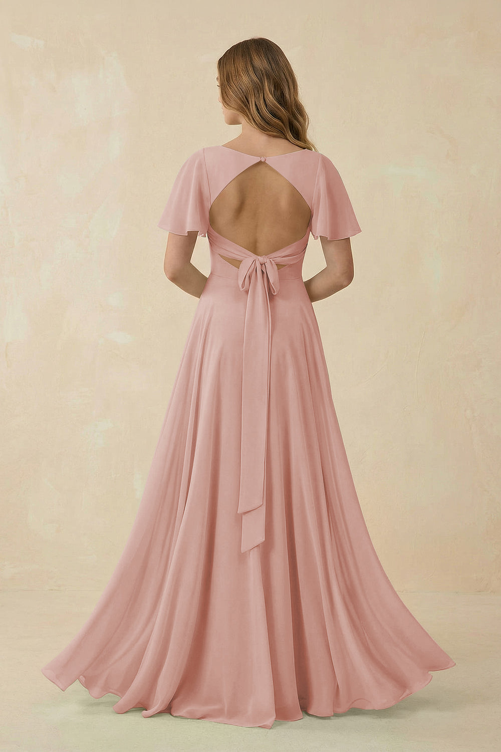 Flutter Sleeve V-Neck Chiffon A-Line Bridesmaid Dress in English Rose
