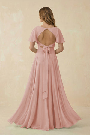 English Rose Flutter Sleeve V-Neck Chiffon A-Line Bridesmaid Dress (2) | KISSBRIDAL