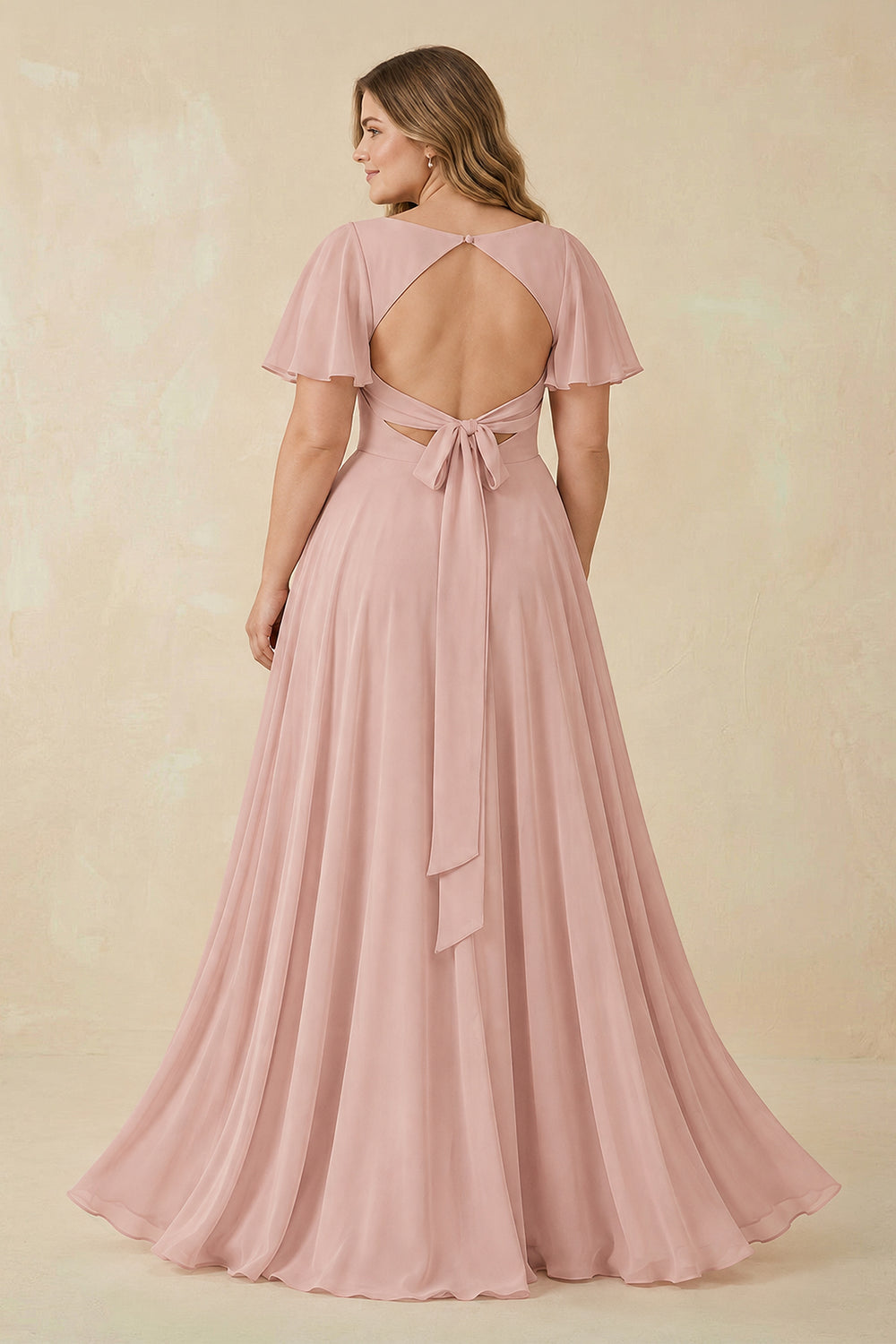 Flutter Sleeve V-Neck Chiffon A-Line Bridesmaid Dress in English Rose