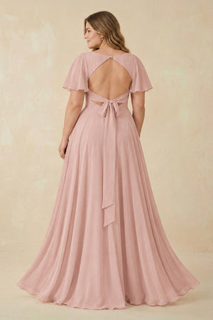 English Rose Flutter Sleeve V-Neck Chiffon A-Line Bridesmaid Dress (2) [sizeplus] | KISSBRIDAL