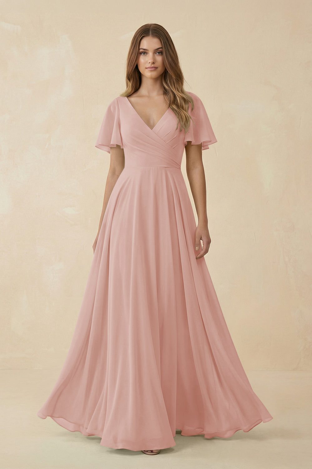 Flutter Sleeve V-Neck Chiffon A-Line Bridesmaid Dress in English Rose