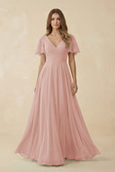 English Rose Flutter Sleeve V-Neck Chiffon A-Line Bridesmaid Dress | KISSBRIDAL