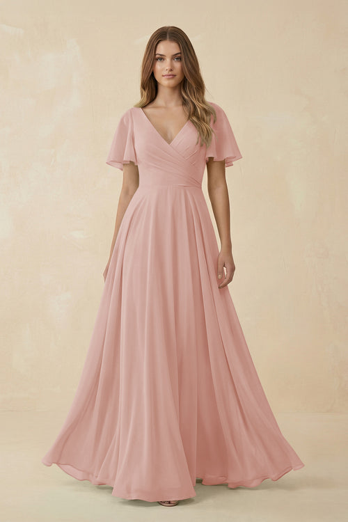 English Rose Flutter Sleeve V-Neck Chiffon A-Line Bridesmaid Dress | KISSBRIDAL