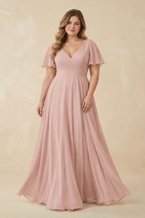 English Rose Flutter Sleeve V-Neck Chiffon A-Line Bridesmaid Dress [sizeplus] | KISSBRIDAL