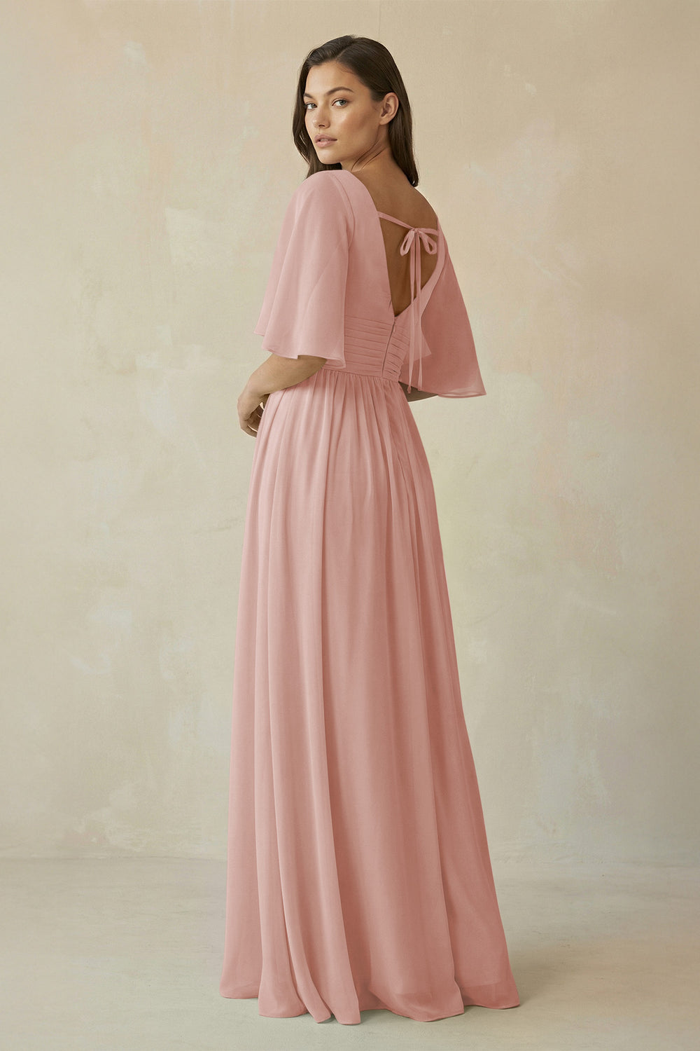 Half Sleeve V-Neck A-Line Chiffon Bridesmaid Gown in English Rose