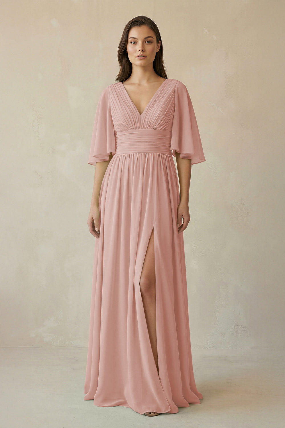 Half Sleeve V-Neck A-Line Chiffon Bridesmaid Gown in English Rose