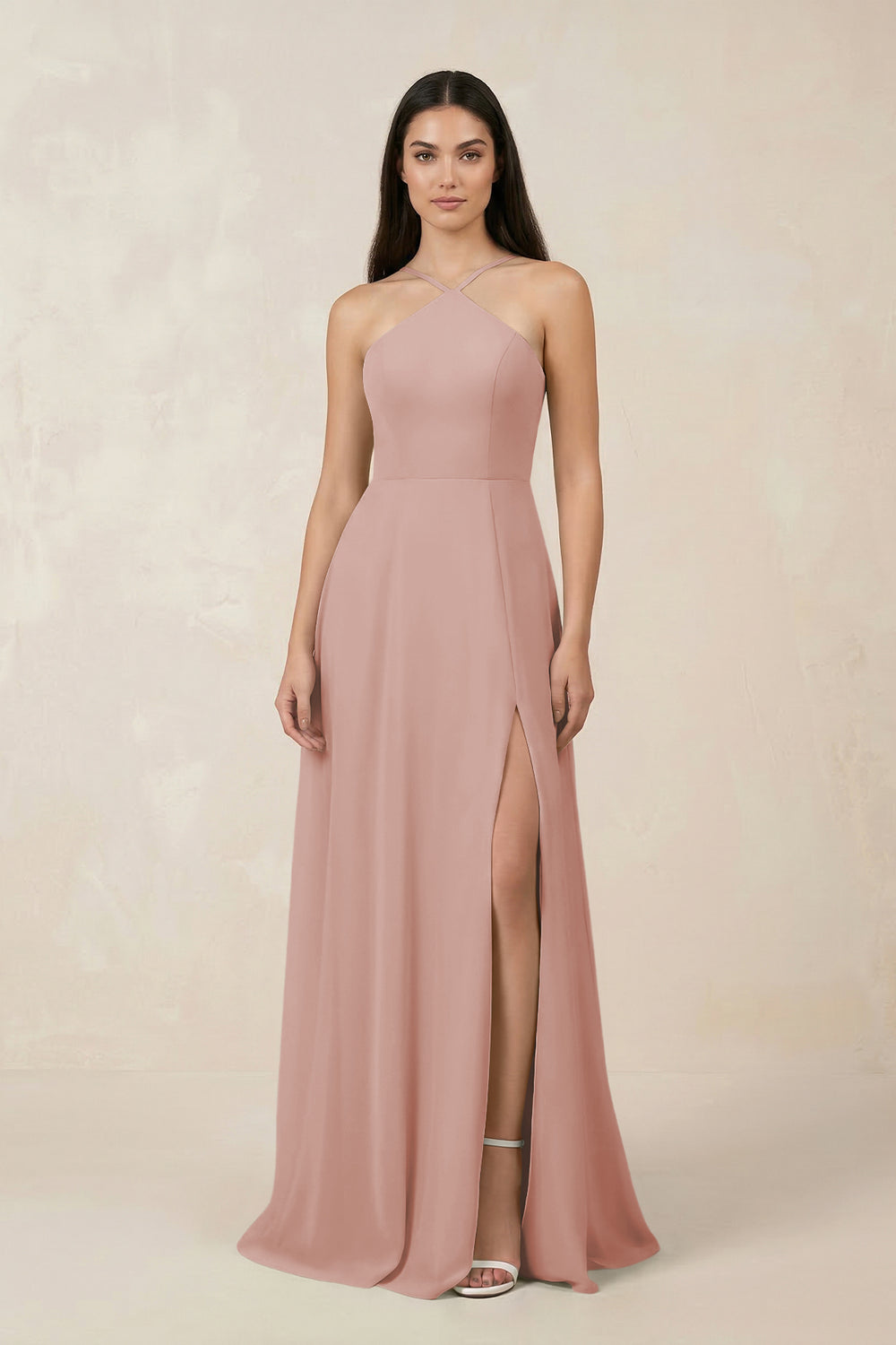 Halter Chiffon A-Line Bridesmaid Dress With Slit in English Rose