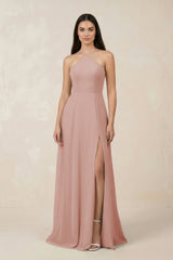 English Rose Halter Chiffon A-Line Bridesmaid Dress With Slit | KISSBRIDAL