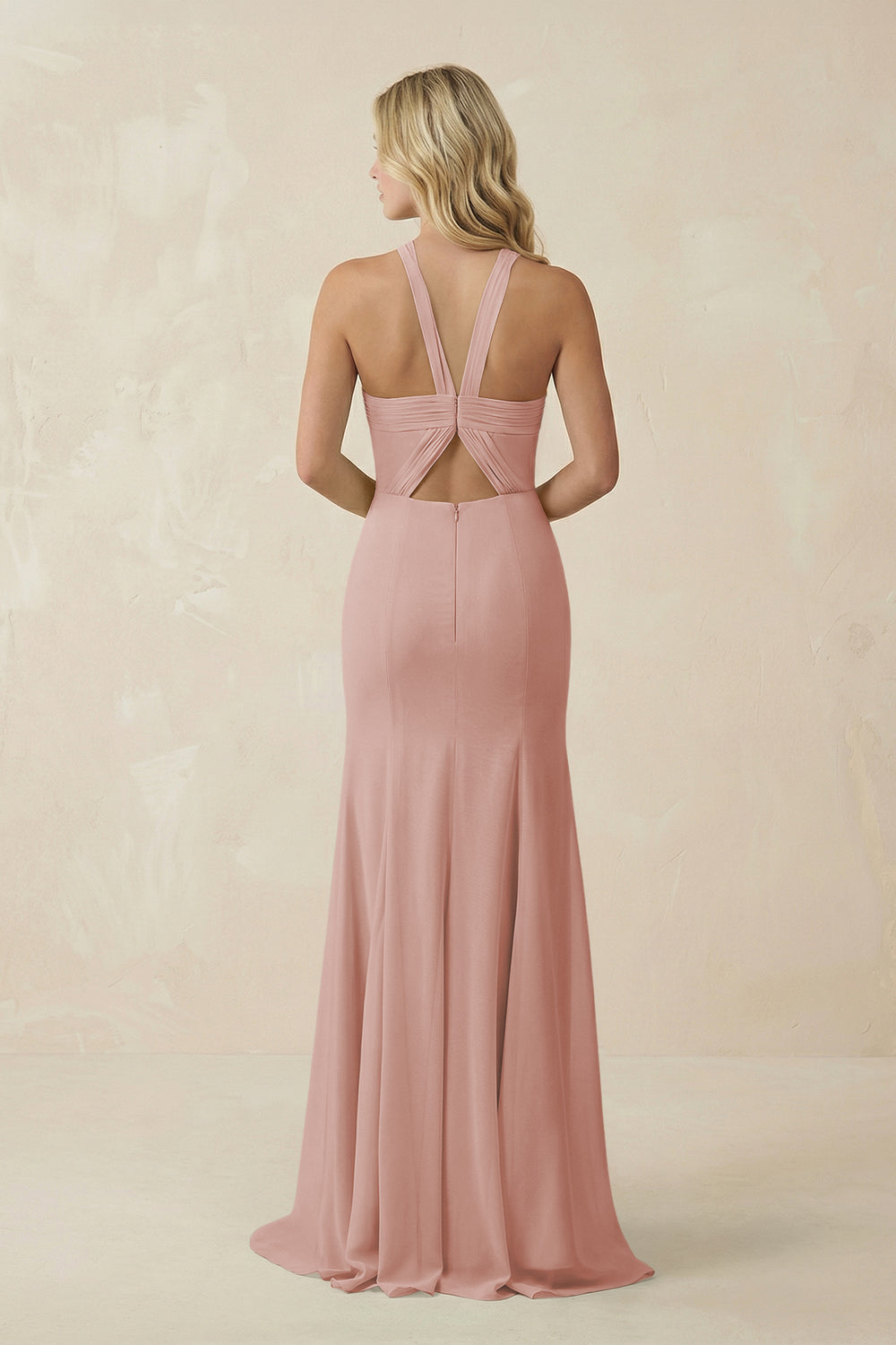 Halter Chiffon Mermaid Ruched Bridesmaid Dress in English Rose