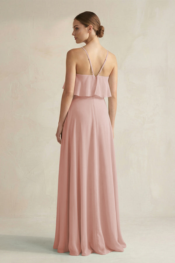 English Rose Halter Neck A-Line Chiffon Bridesmaid Dress with Keyhole (2) | KISSBRIDAL