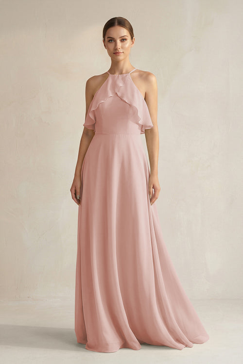 English Rose Halter Neck A-Line Chiffon Bridesmaid Dress with Keyhole | KISSBRIDAL