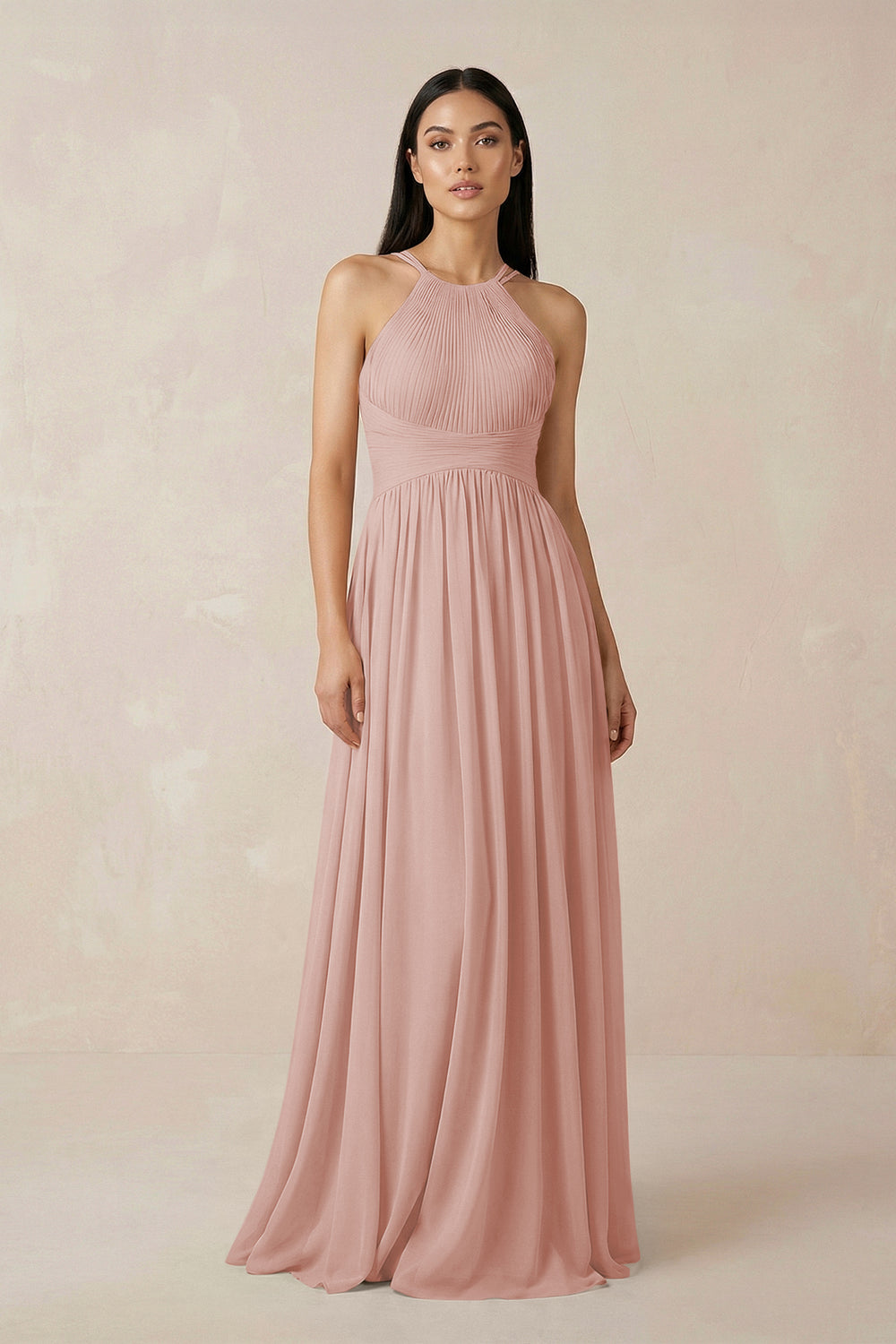 Halter Neck A-Line Chiffon Bridesmaid Dress in English Rose