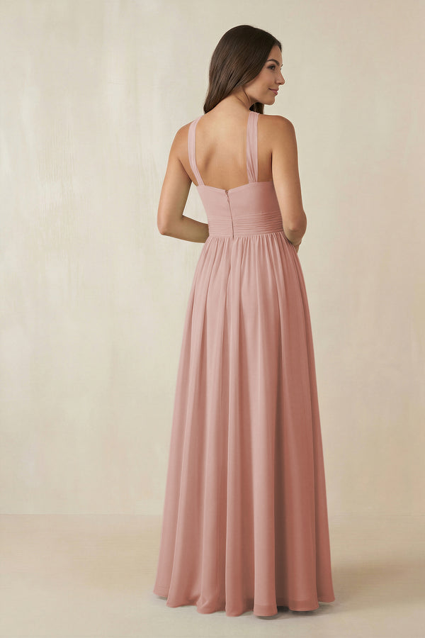 English Rose Halter Neck Ruched A-Line Chiffon Bridesmaid Dress (2) | KISSBRIDAL