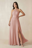 English Rose Halter Neck Ruched A-Line Chiffon Bridesmaid Dress | KISSBRIDAL