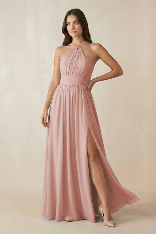 English Rose Halter Neck Ruched A-Line Chiffon Bridesmaid Dress | KISSBRIDAL
