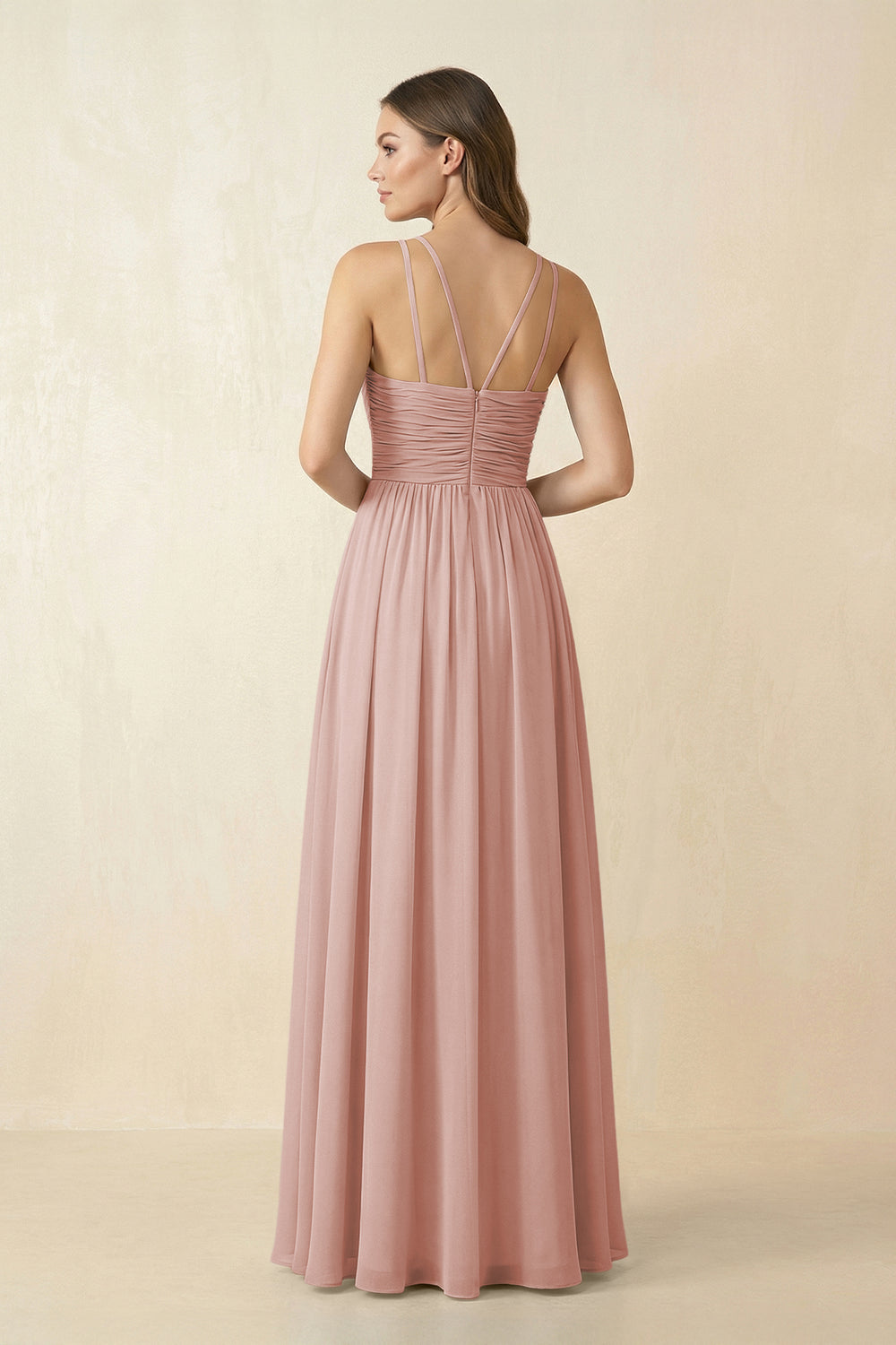 Halter Pleated A-Line Chiffon Bridesmaid Dress in English Rose