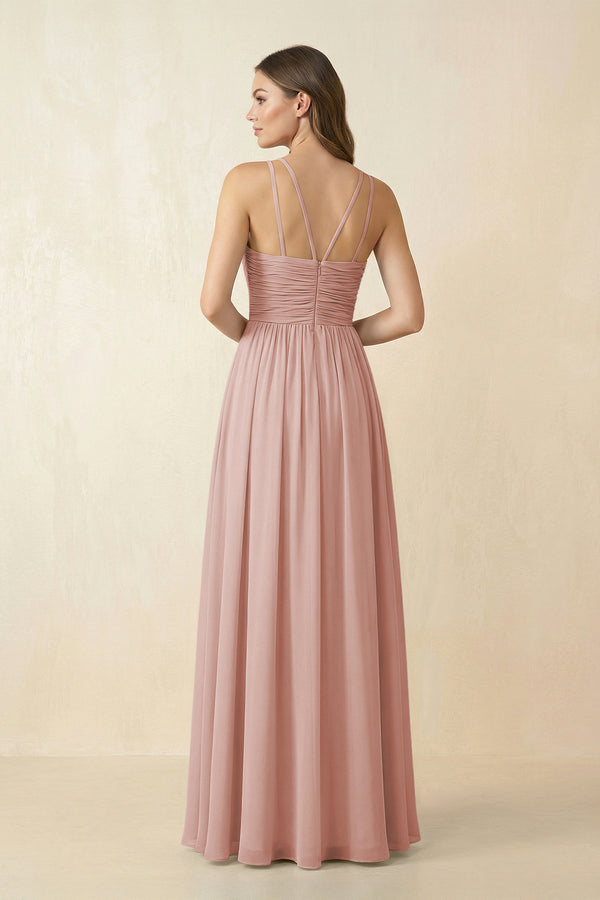 English Rose Halter Pleated A-Line Chiffon Bridesmaid Dress (2) | KISSBRIDAL