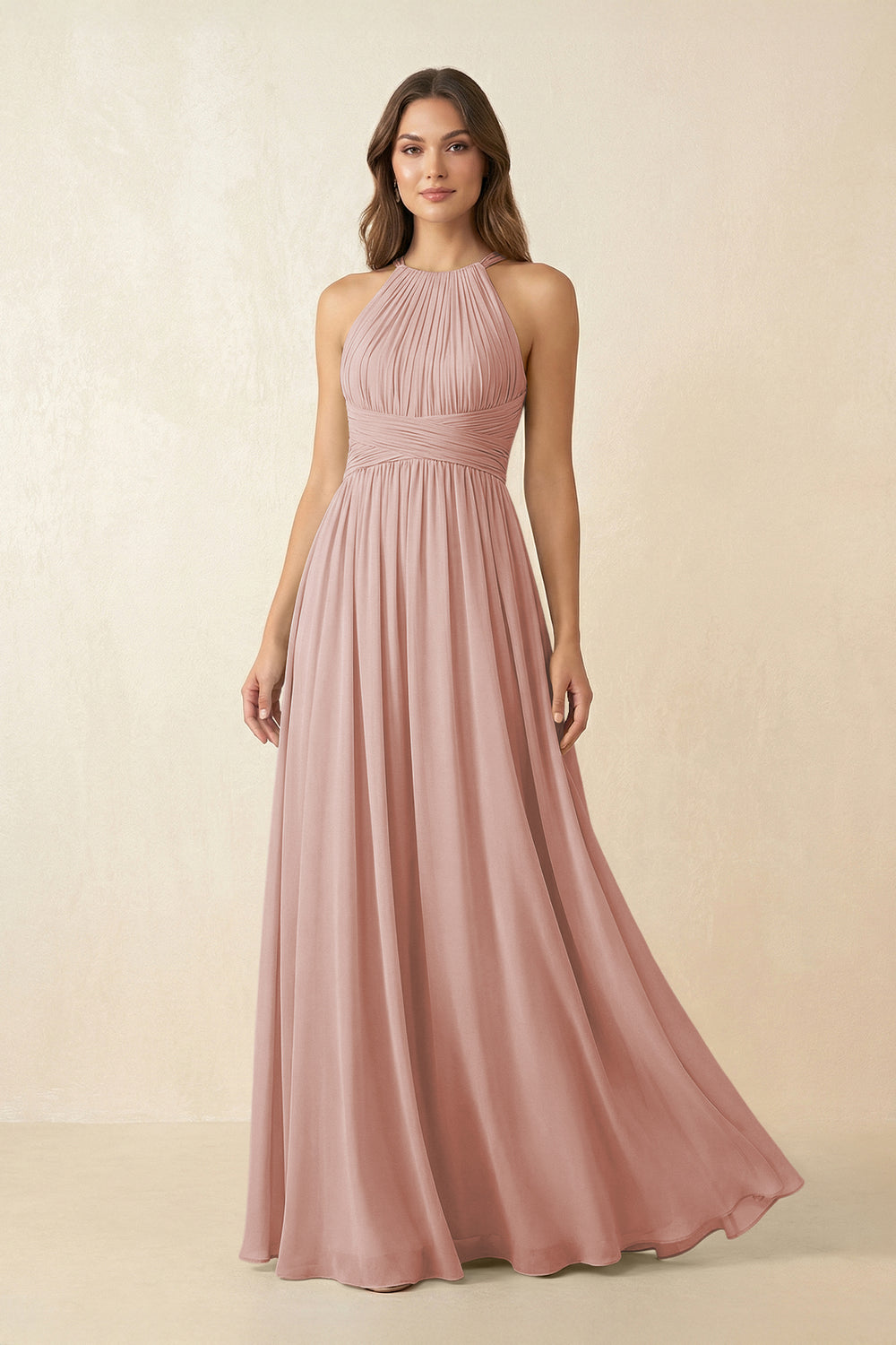 Halter Pleated A-Line Chiffon Bridesmaid Dress in English Rose