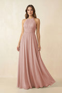 English Rose Halter Pleated A-Line Chiffon Bridesmaid Dress | KISSBRIDAL