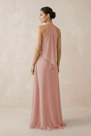 English Rose Halter Sheath Ruffled Chiffon Bridesmaid Dress (2) | KISSBRIDAL