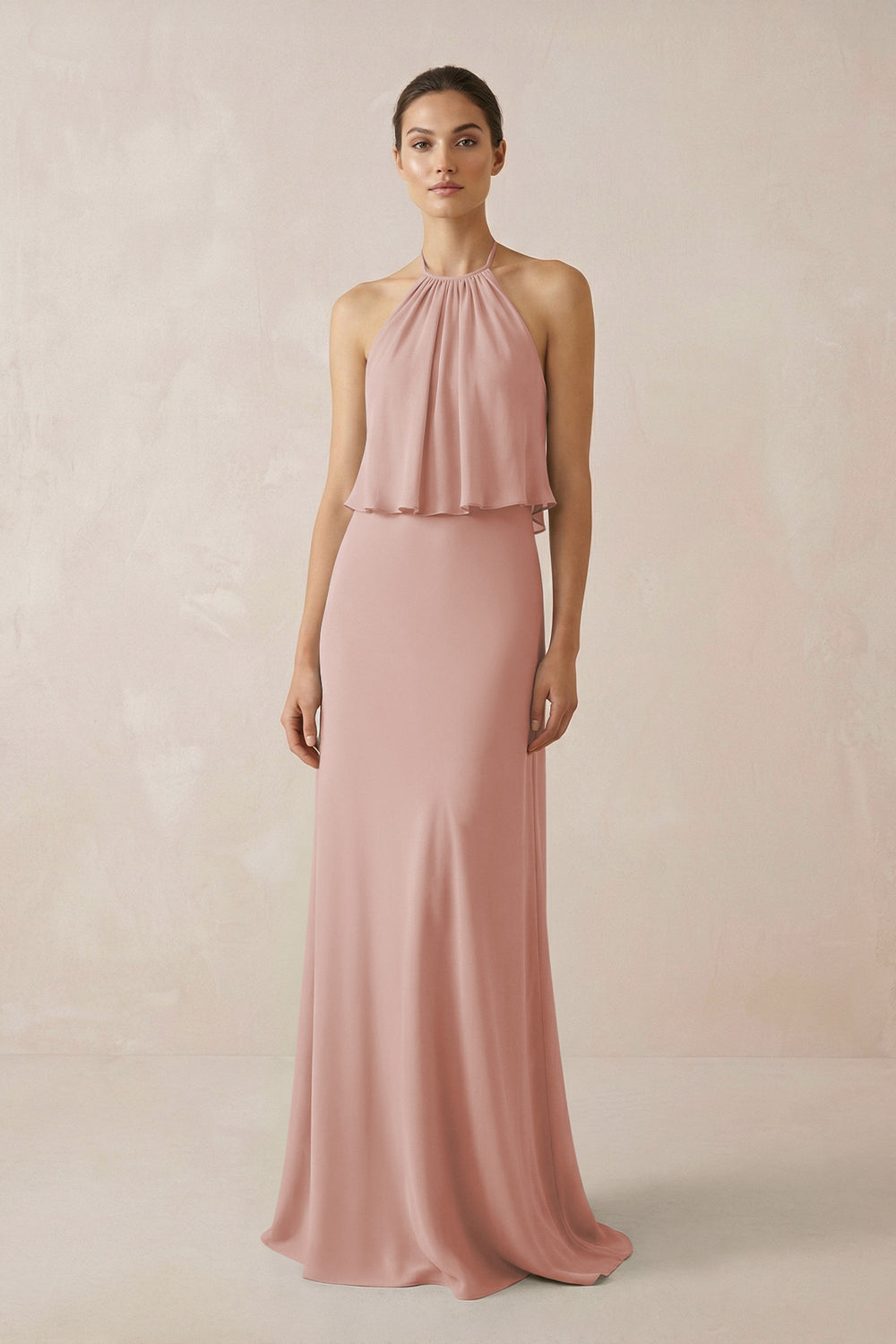 Halter Sheath Ruffled Chiffon Bridesmaid Dress in English Rose