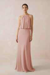 English Rose Halter Sheath Ruffled Chiffon Bridesmaid Dress | KISSBRIDAL
