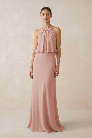 English Rose Halter Sheath Ruffled Chiffon Bridesmaid Dress | KISSBRIDAL