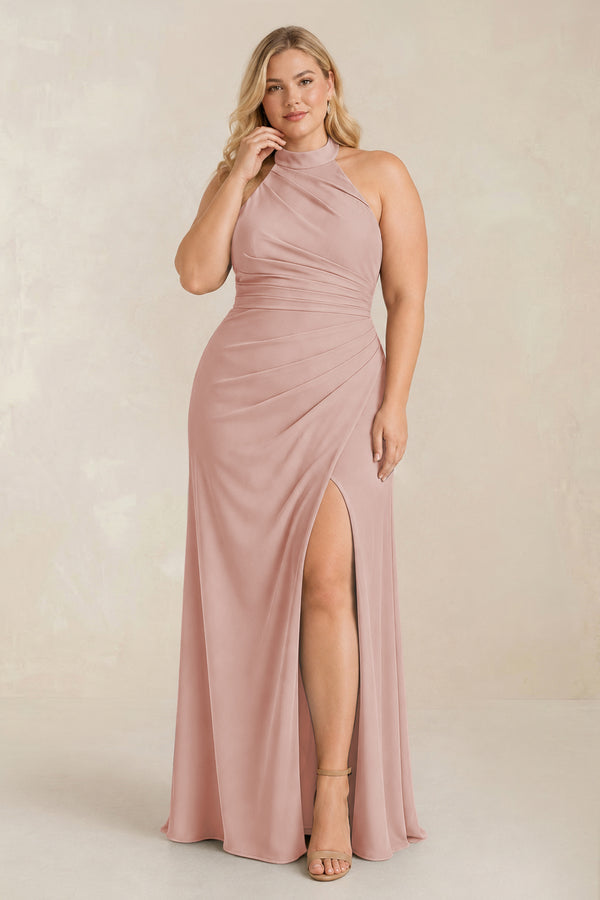 English Rose High Neck Chiffon Sheath Ruched Bridesmaid Dress [sizeplus] | KISSBRIDAL
