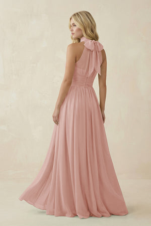 English Rose Illusion Halter A-Line Chiffon Bridesmaid Gown (2) | KISSBRIDAL
