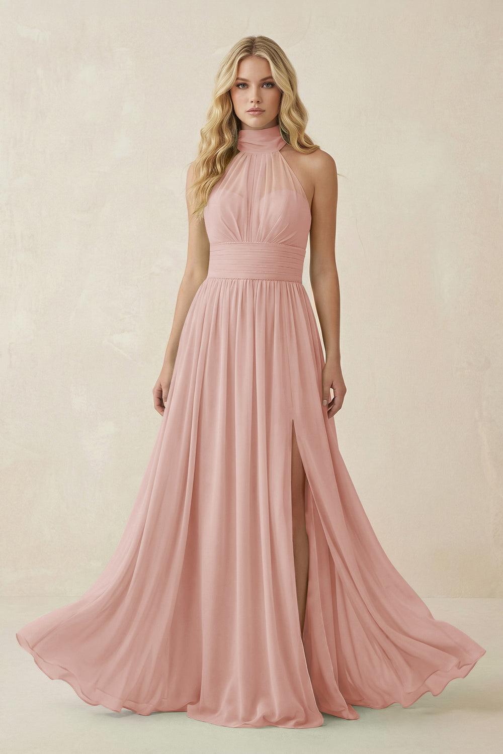Illusion Halter A-Line Chiffon Bridesmaid Gown in English Rose