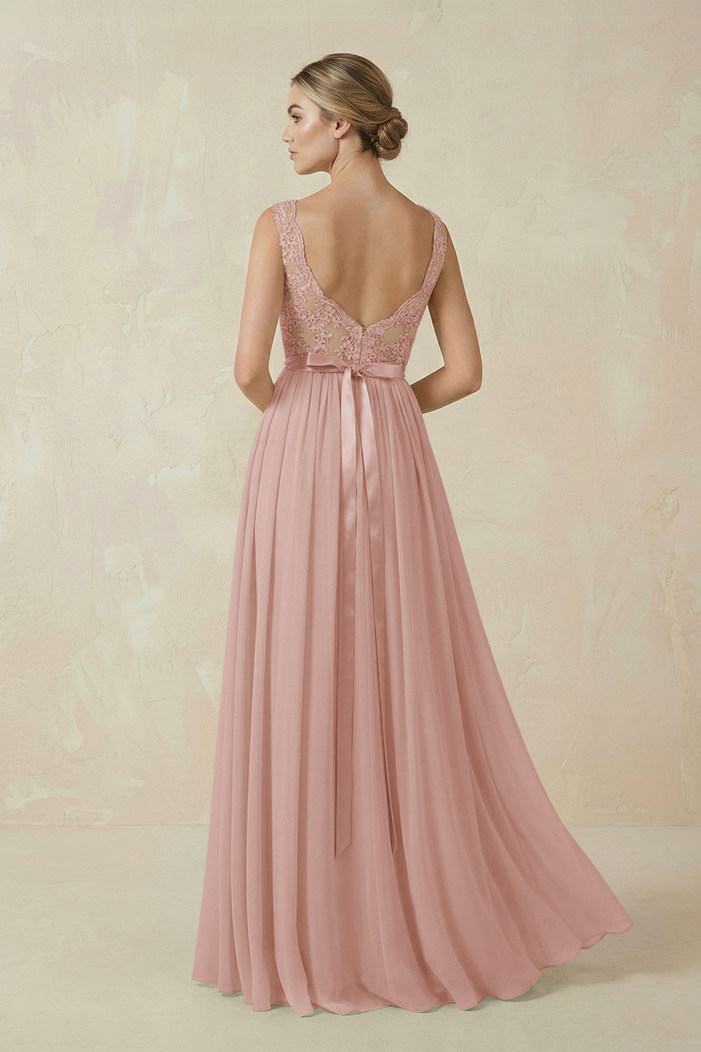 Lace A-Line Bateau Neck Chiffon Long Bridesmaid Dress in English Rose