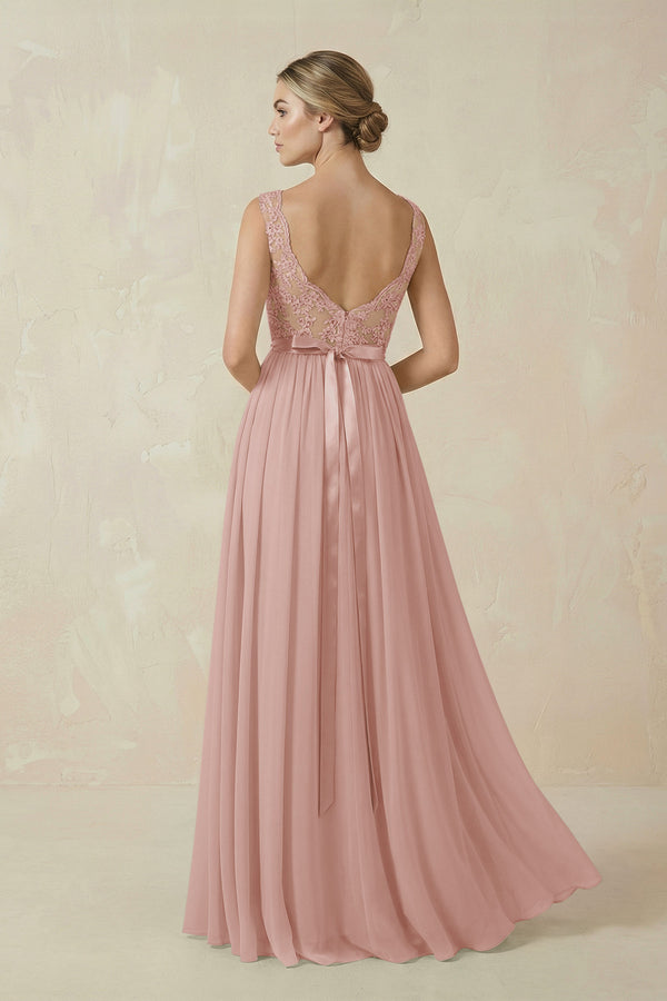 English Rose Lace A-Line Bateau Neck Chiffon Long Bridesmaid Dress (2) | KISSBRIDAL