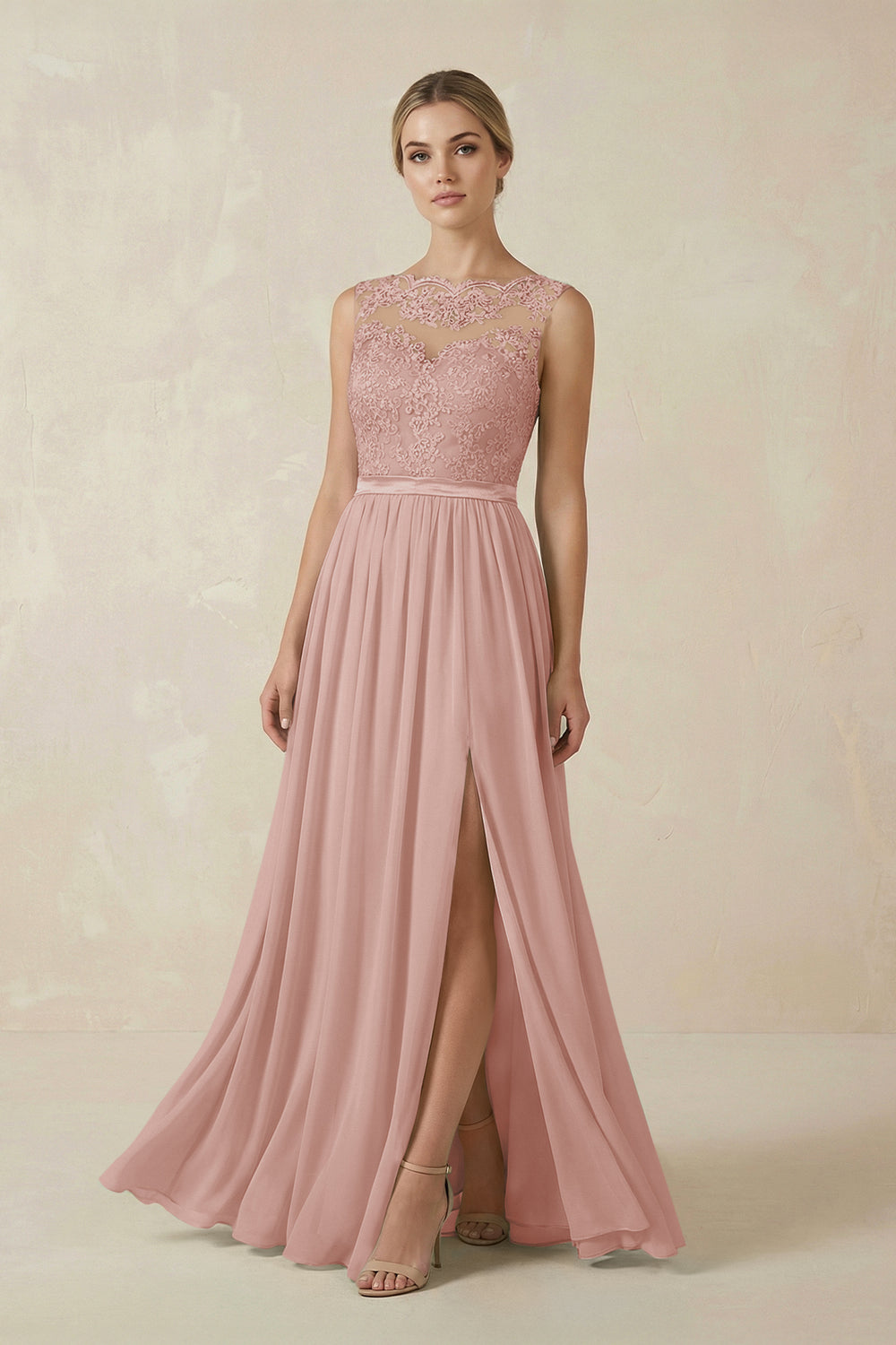 Lace A-Line Bateau Neck Chiffon Long Bridesmaid Dress in English Rose
