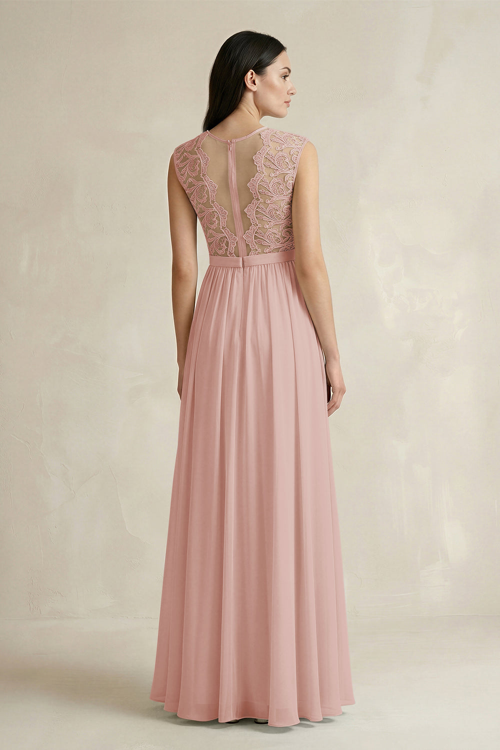 Lace Chiffon A-Line Round Neck Bridesmaid Dress in English Rose