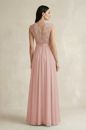 English Rose Lace Chiffon A-Line Round Neck Bridesmaid Dress (2) | KISSBRIDAL