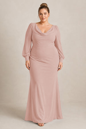 English Rose Long Sleeve V-Neck Sheath Chiffon Bridesmaid Dress [sizeplus] | KISSBRIDAL