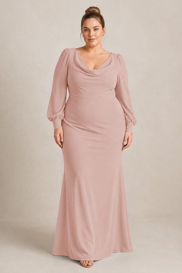 English Rose Long Sleeve V-Neck Sheath Chiffon Bridesmaid Dress [sizeplus] | KISSBRIDAL