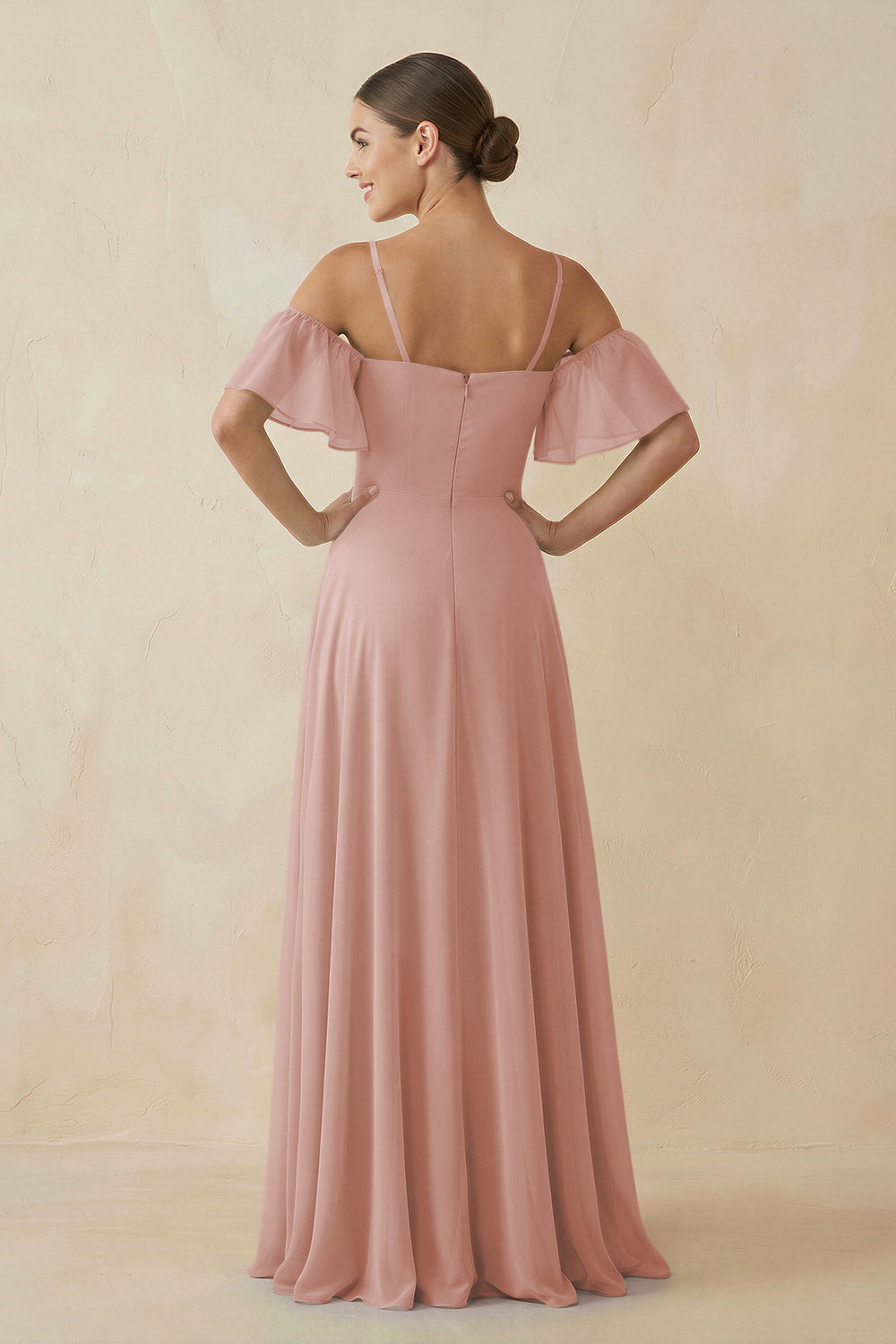 Off-the-Shoulder A-Line Chiffon Bridesmaid Dress in English Rose