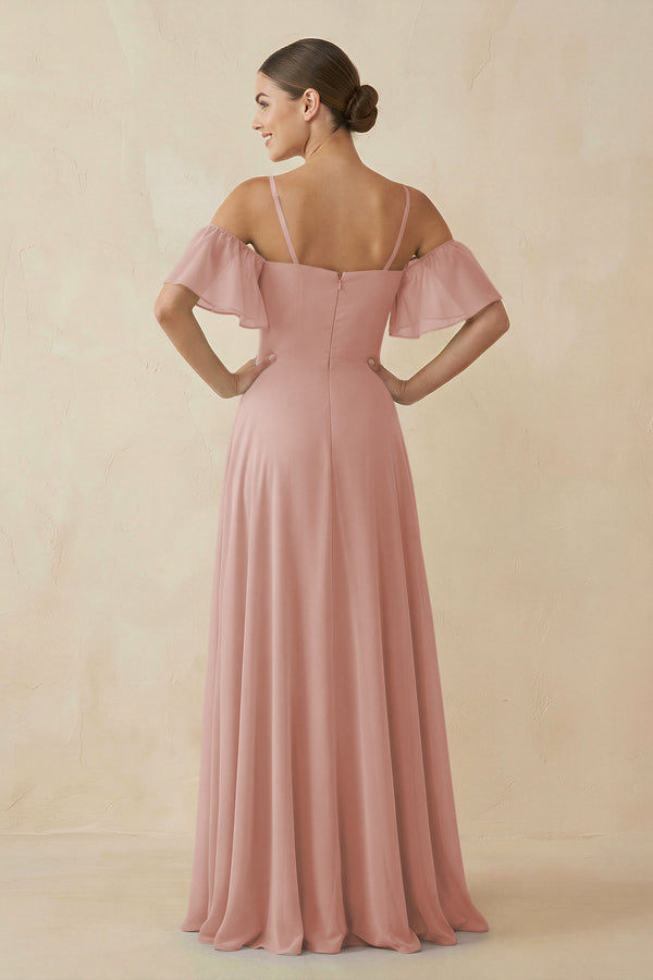 English Rose Off-the-Shoulder A-Line Chiffon Bridesmaid Dress (2) | KISSBRIDAL