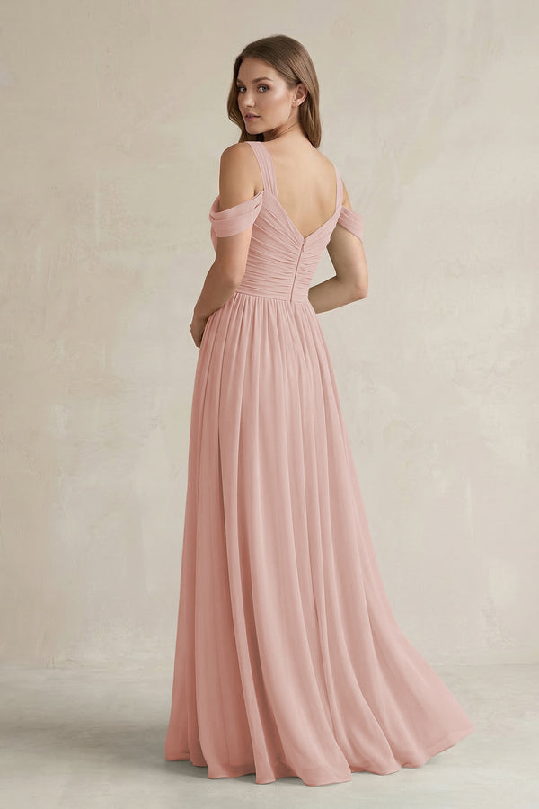 English Rose Off-the-Shoulder A-Line Chiffon Bridesmaid Dress With Slit (2) | KISSBRIDAL