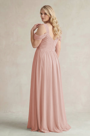 English Rose Off-the-Shoulder A-Line Chiffon Bridesmaid Dress With Slit (2) | KISSBRIDAL