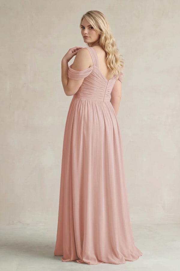 English Rose Off-the-Shoulder A-Line Chiffon Bridesmaid Dress With Slit (2) | KISSBRIDAL