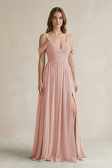 English Rose Off-the-Shoulder A-Line Chiffon Bridesmaid Dress With Slit | KISSBRIDAL