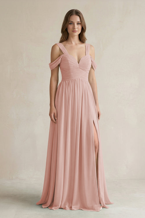 English Rose Off-the-Shoulder A-Line Chiffon Bridesmaid Dress With Slit | KISSBRIDAL