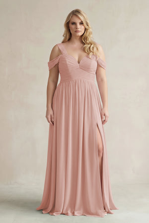 English Rose Off-the-Shoulder A-Line Chiffon Bridesmaid Dress With Slit | KISSBRIDAL