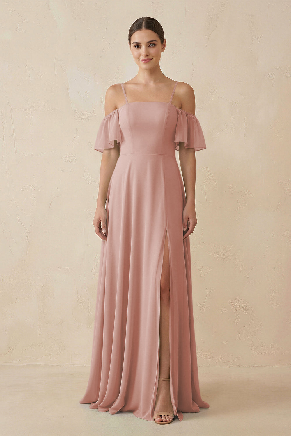 Off-the-Shoulder A-Line Chiffon Bridesmaid Dress in English Rose